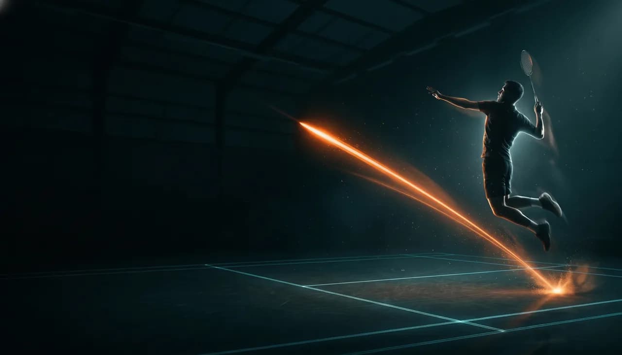 Joueur de badminton en jump smash dans un gymnase sombre, traînée orange du volant et lignes de court néon — Défi Smash 2026